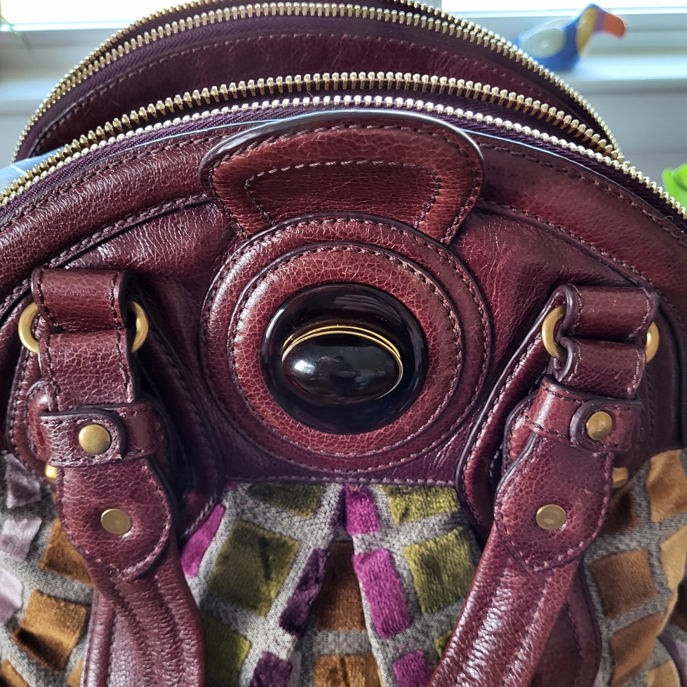 Women's Multi-Color Textured Satchel with Burgundy Leather Trim - Picture 3 of 5